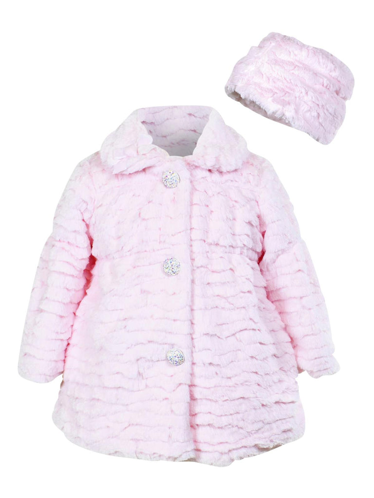 Widgeon Girls Faux Fur Coat with Sparkle Buttons and Hat Set Pink