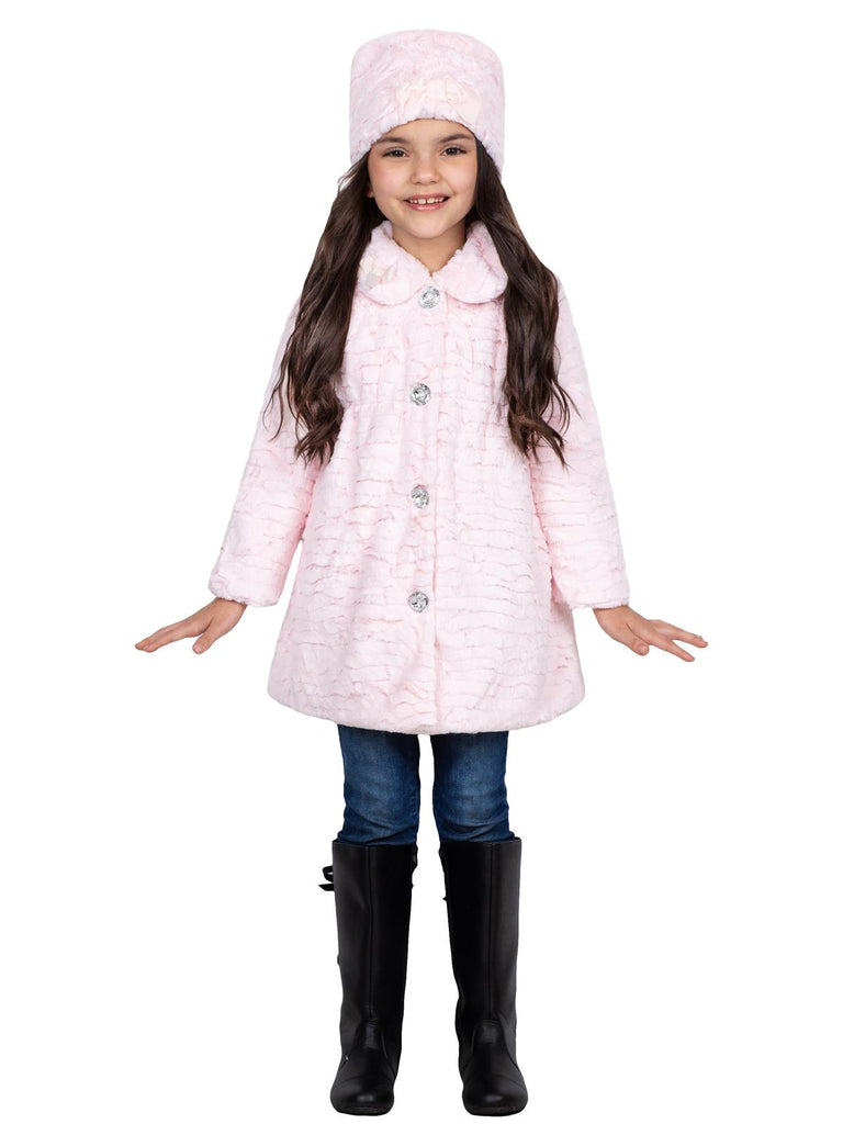 Widgeon Girls Faux Fur Coat with Sparkle Buttons and Hat Set Pink