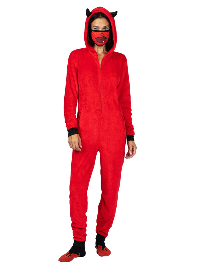 Family Devil Onesie Pajama Costume Union Suit Sleepwear With Hood, Mask, And Socks