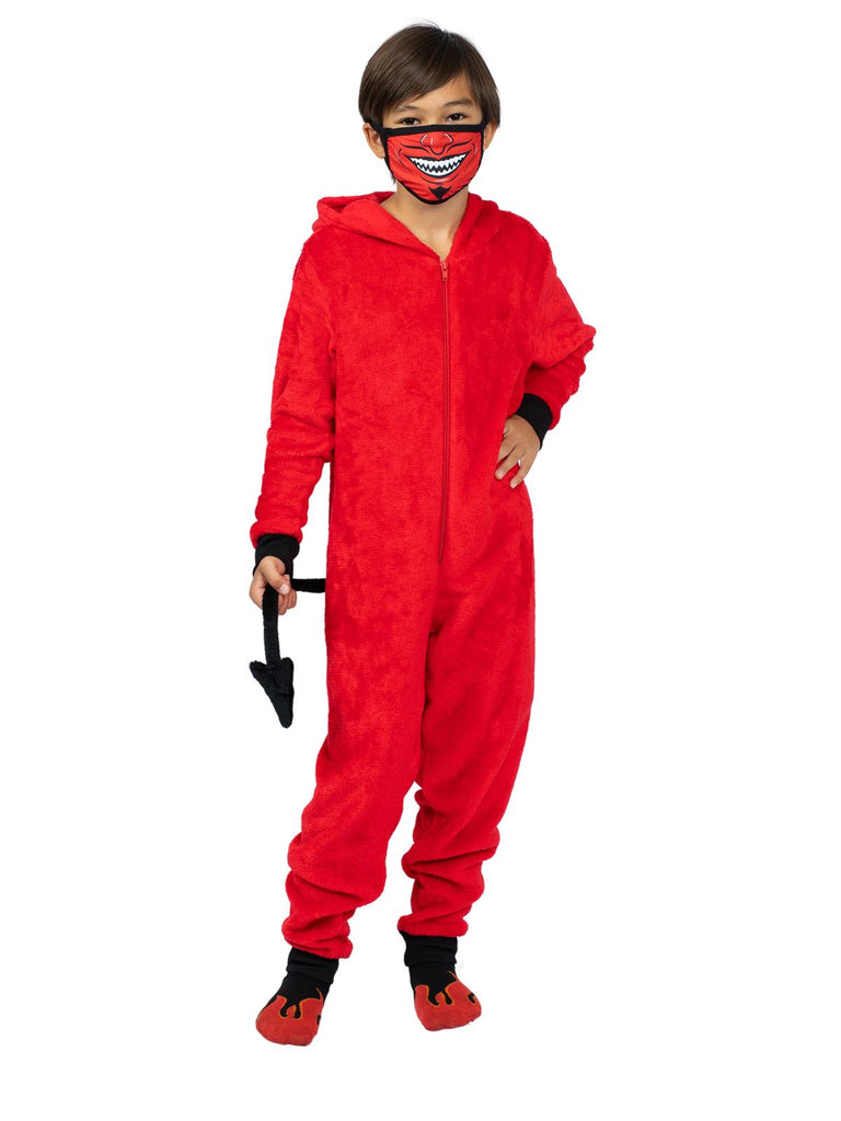 Family Devil Onesie Pajama Costume Union Suit Sleepwear With Hood, Mask, And Socks