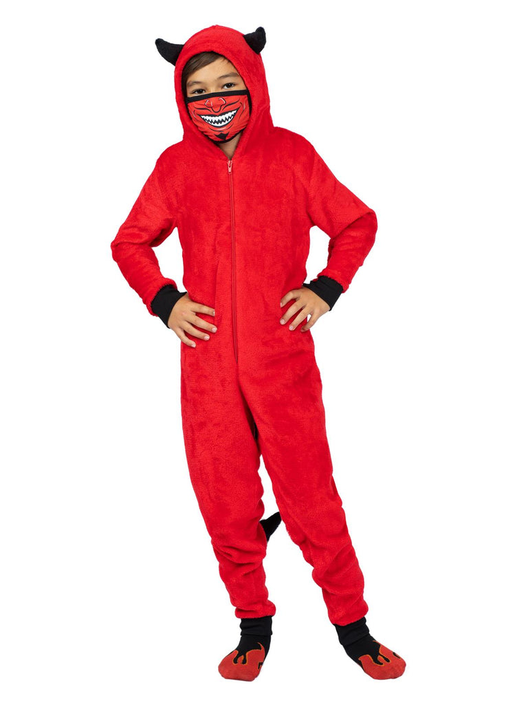 Family Devil Onesie Pajama Costume Union Suit Sleepwear With Hood, Mask, And Socks