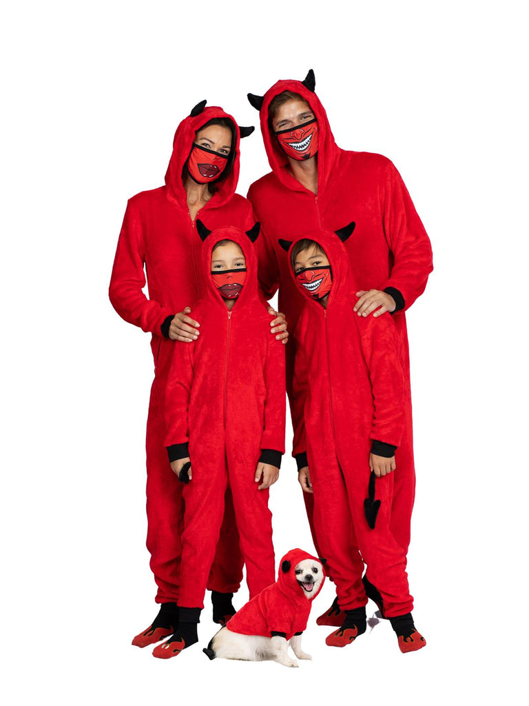 Family Devil Onesie Pajama Costume Union Suit Sleepwear With Hood, Mask, And Socks