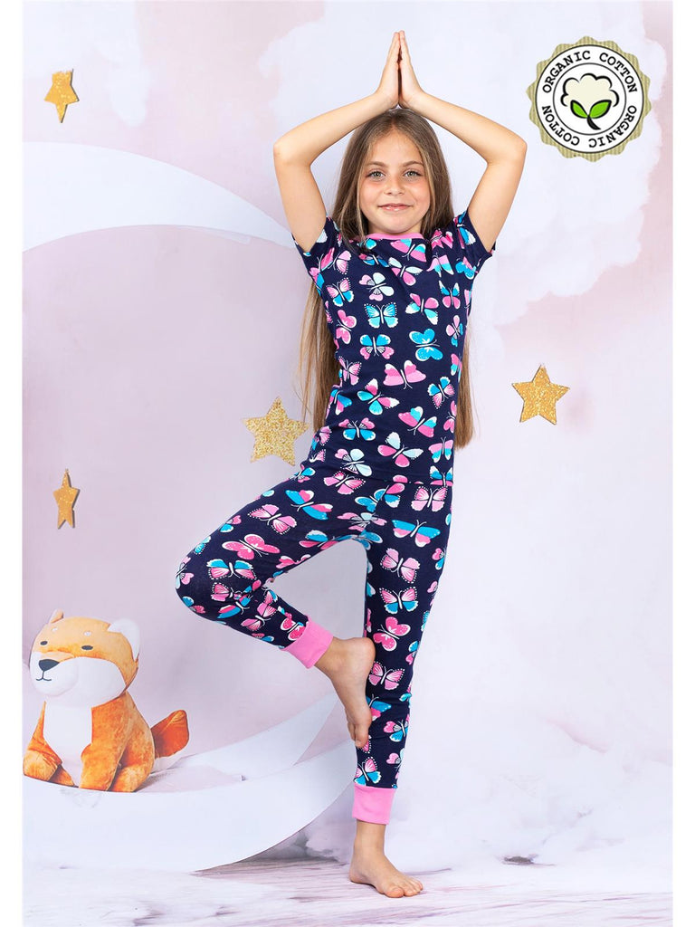 Prestigez Girls' Snug-Fit Organic Cotton 4 Piece Pajama Sleepwear Set, Mermaid/Butterfly