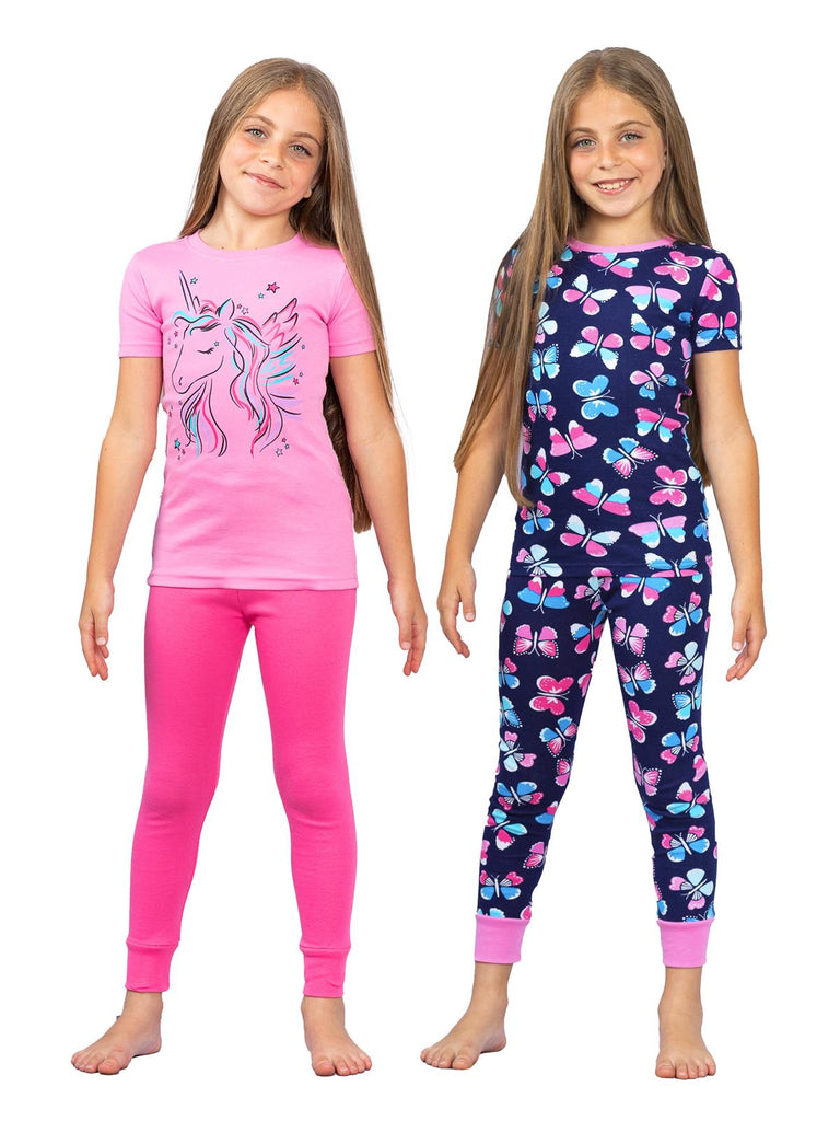 Prestigez Girls' Snug-Fit Organic Cotton 4 Piece Pajama Sleepwear Set, Unicorn/Butterfly