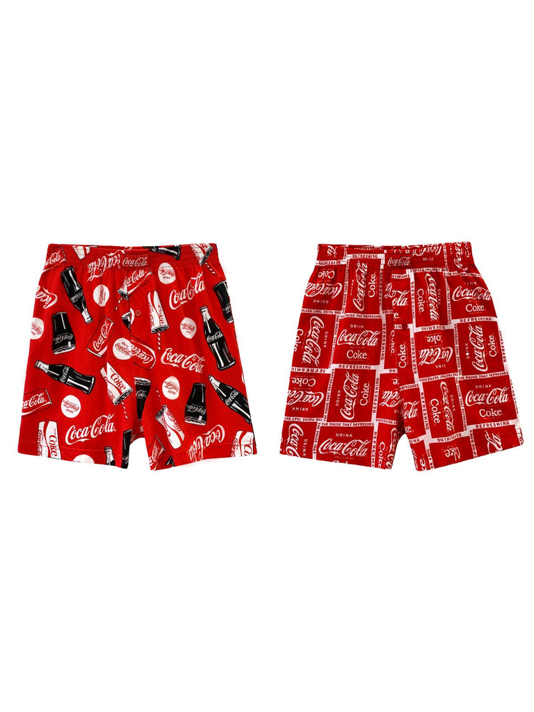 2 Pack Coca-Cola Men's Cotton Boxer Shorts Refreshing Coke Loungewear Bottoms, Red