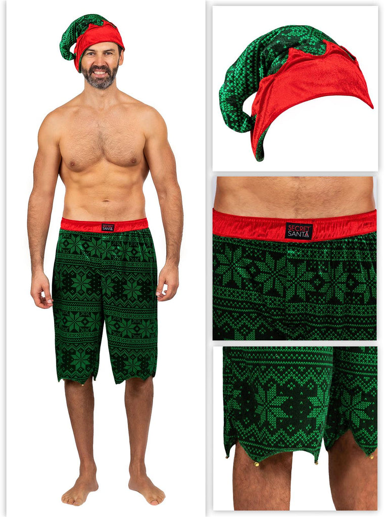 Secret Santa Men's Two Piece Holiday Sleep Hat and Sleep Pajama Shorts